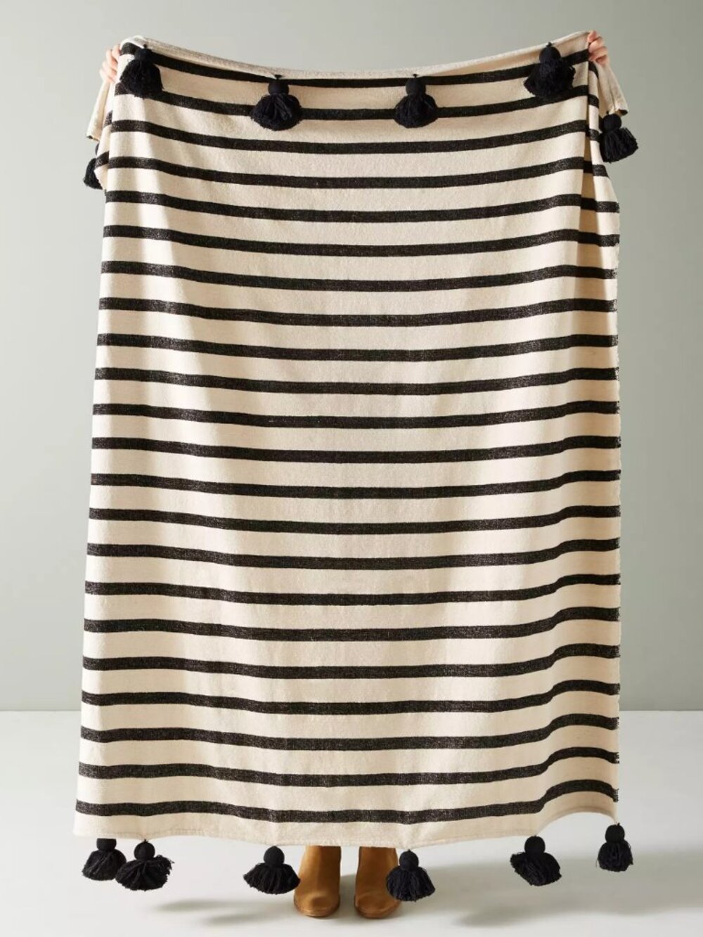 Anthropologie Woven Nayland Throw Blanket - Black & White Striped Pom Pom
